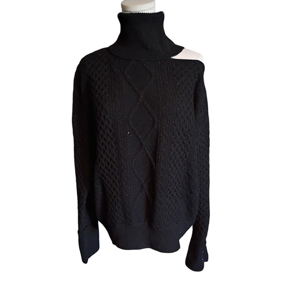 NEW Sofia Vergara Black Sparkly Turtleneck Cold Shoulder Sweater - Size L - Picture 1 of 5